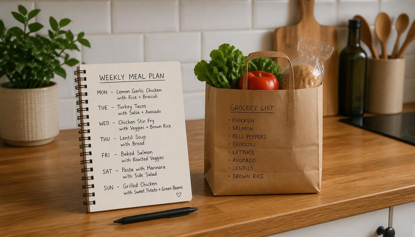 Weekly meal plan notebook with grocery list for smart money saving