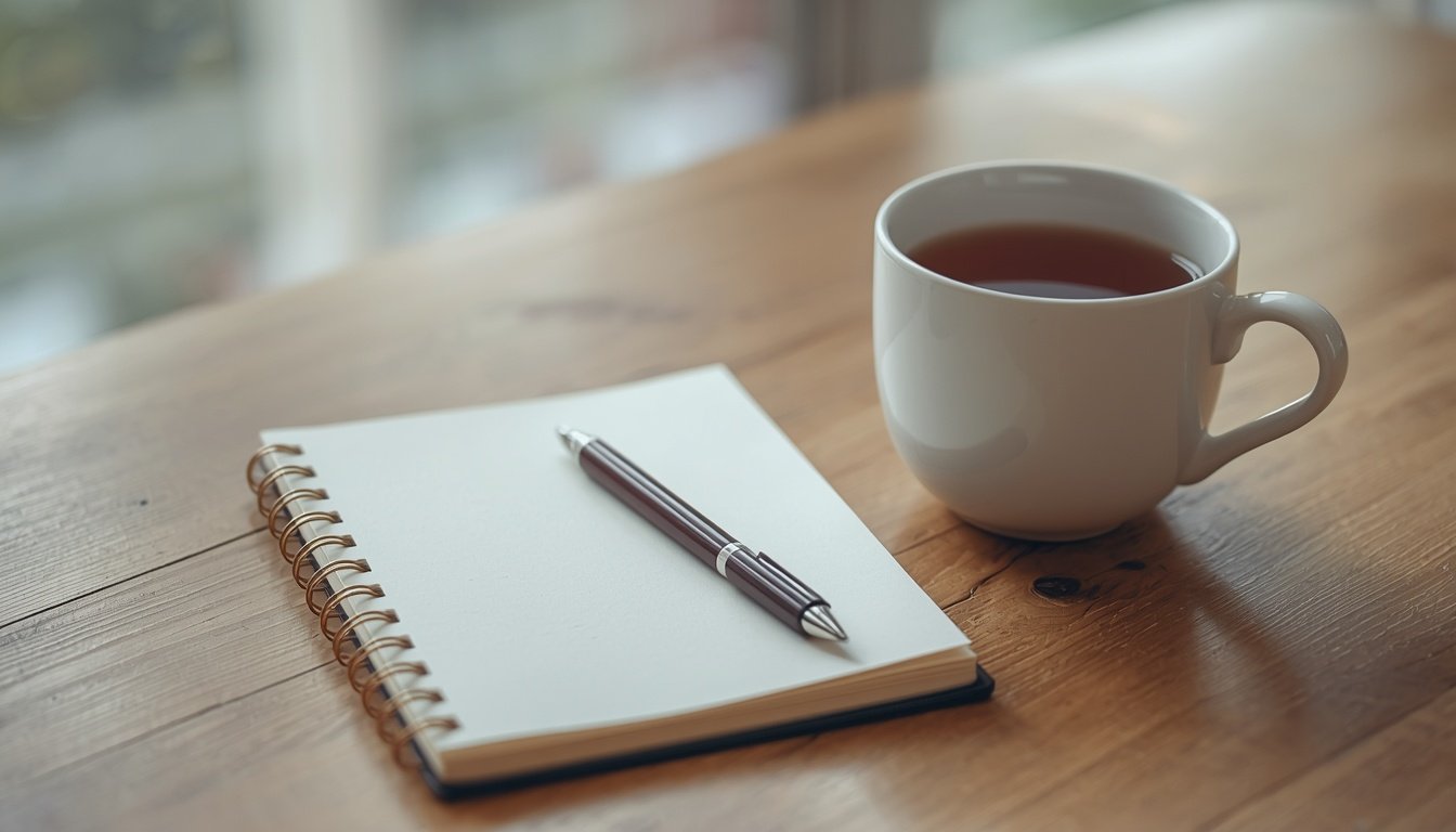 A small notebook and pen rest beside a cup of tea on a wooden table.