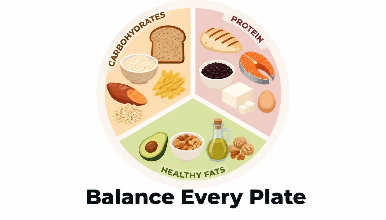 Balanced plate infographic illustrating practical nutrition advice for meals