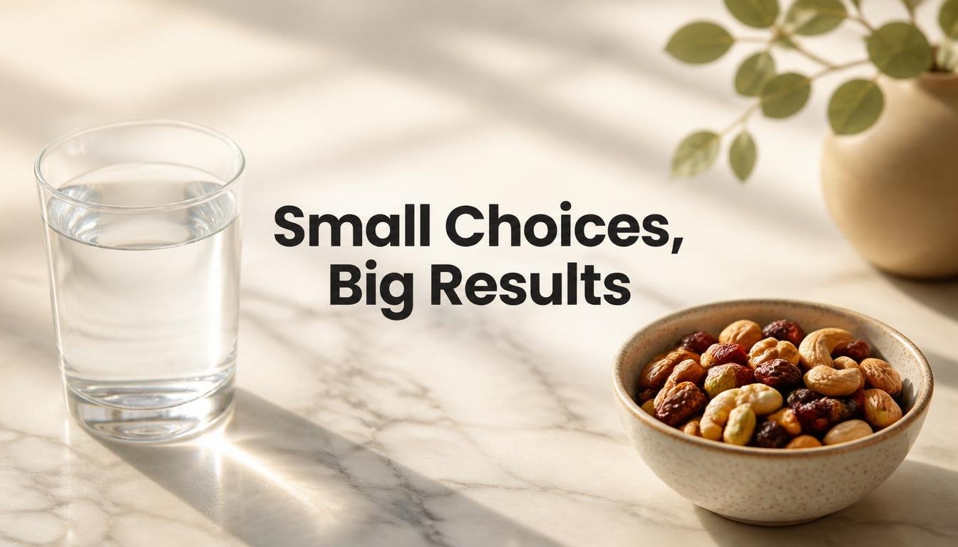Water and nuts on marble showing small nutrition advice choices add up