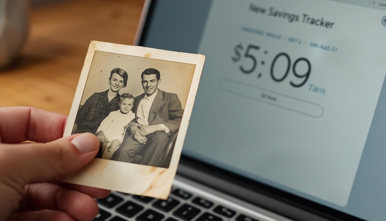 A hand holds an old family photo beside a laptop savings tracker app.