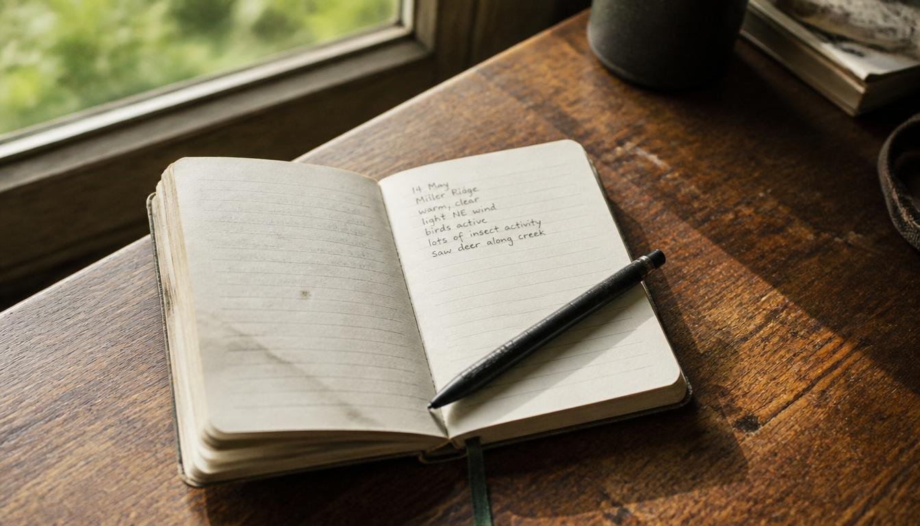 An open, well-worn notebook rests on a table with a pen across the page.