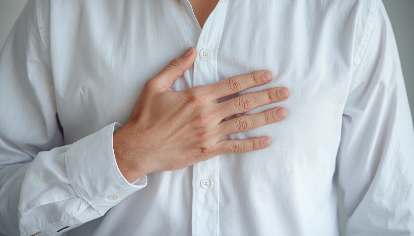 An open hand rests gently against the chest area of a plain white shirt.