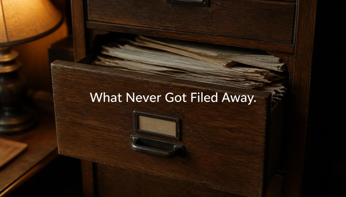 An old wooden filing cabinet drawer sits open, overstuffed with papers pressing outward.