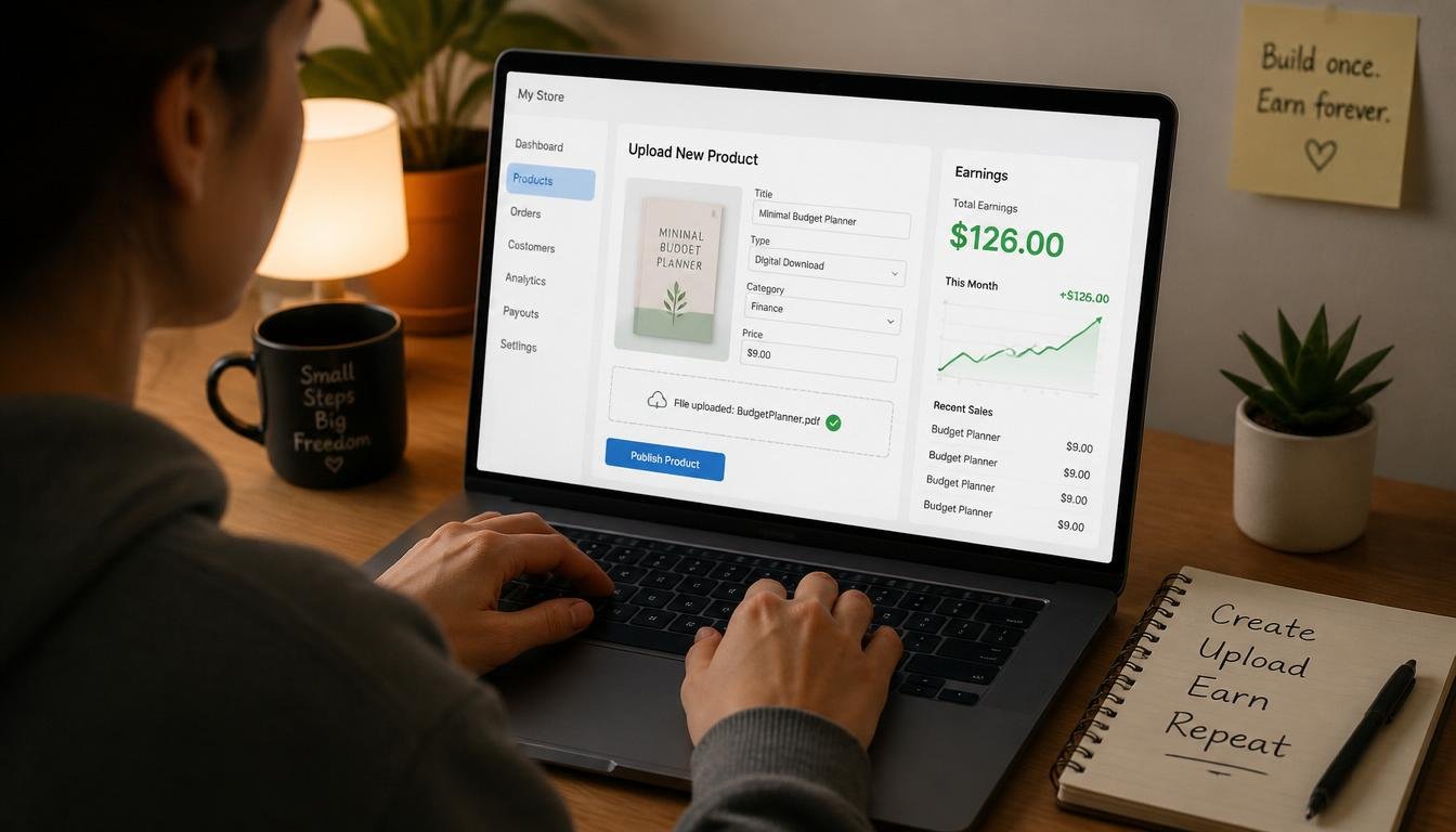 Laptop dashboard showing earnings from selling a digital product online