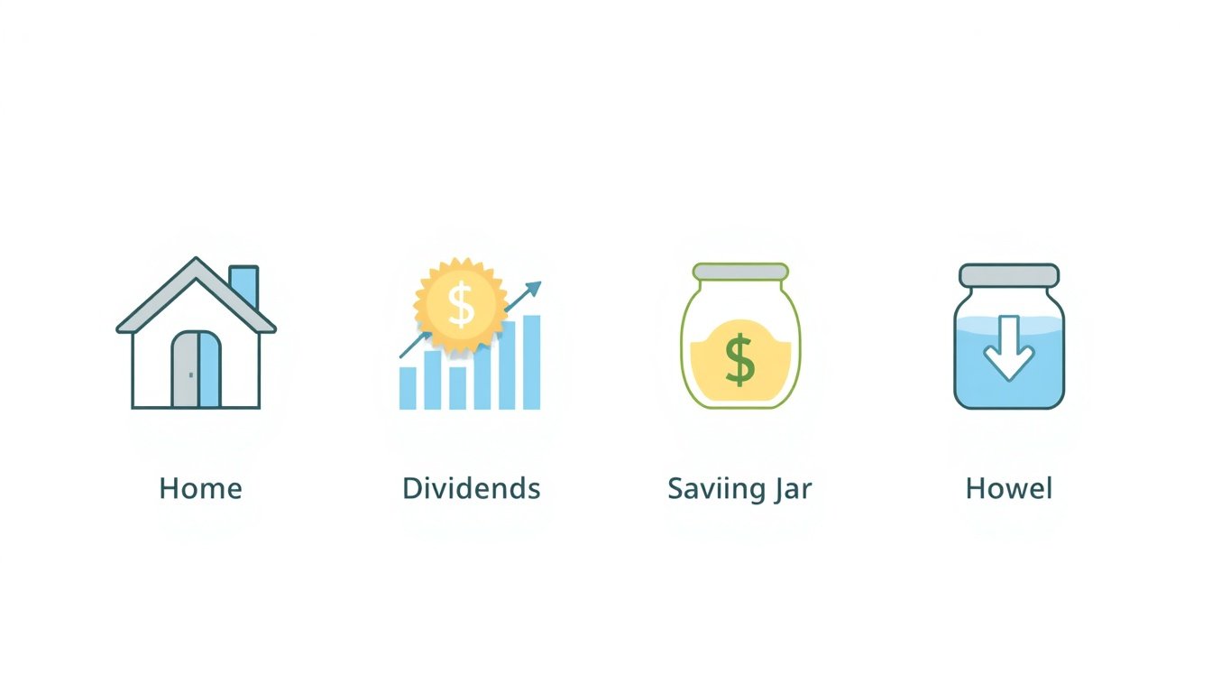 Icons representing passive income ideas like dividends rental and savings