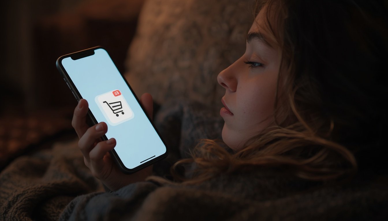 A phone rests on a couch showing a shopping cart icon with a small notification badge.