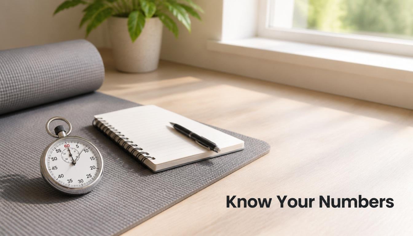 Stopwatch and notebook on yoga mat for tracking physical wellness progress