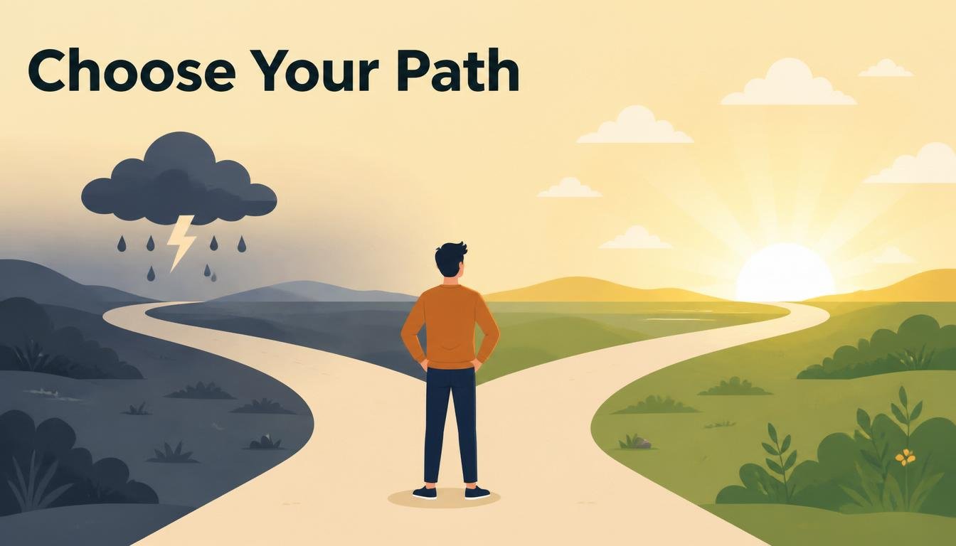 Person choosing between dark and sunny path through positive thinking