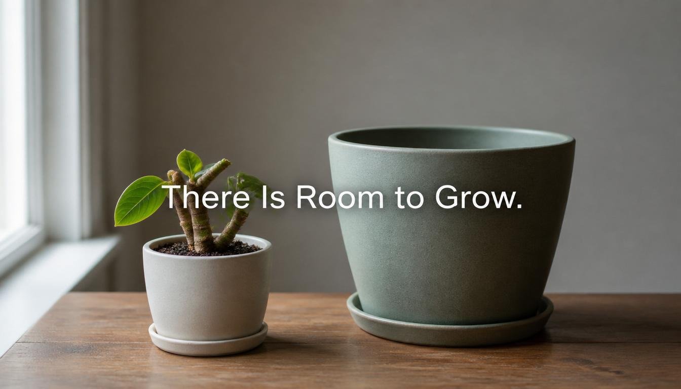 A small, heavily pruned houseplant sits beside an empty pot with room to grow.