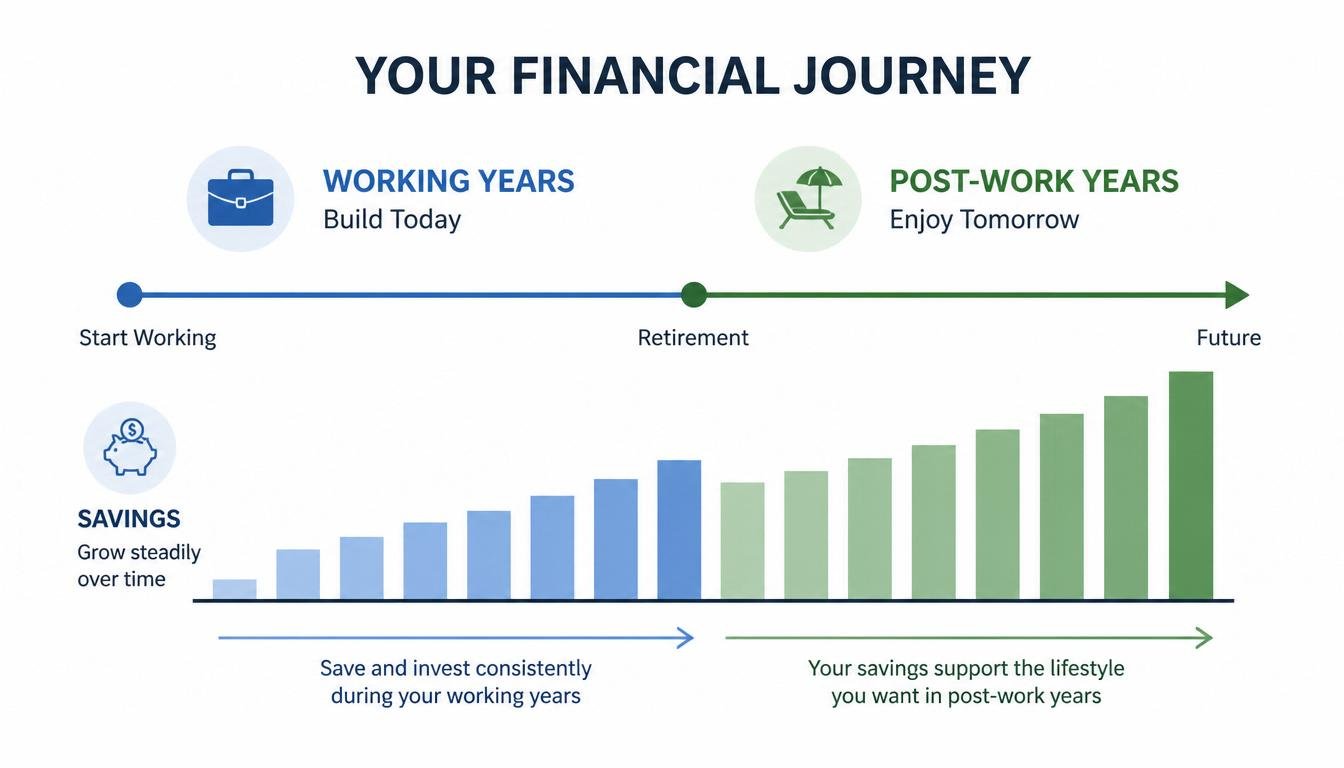 Financial journey infographic showing savings growth from working years to retirement