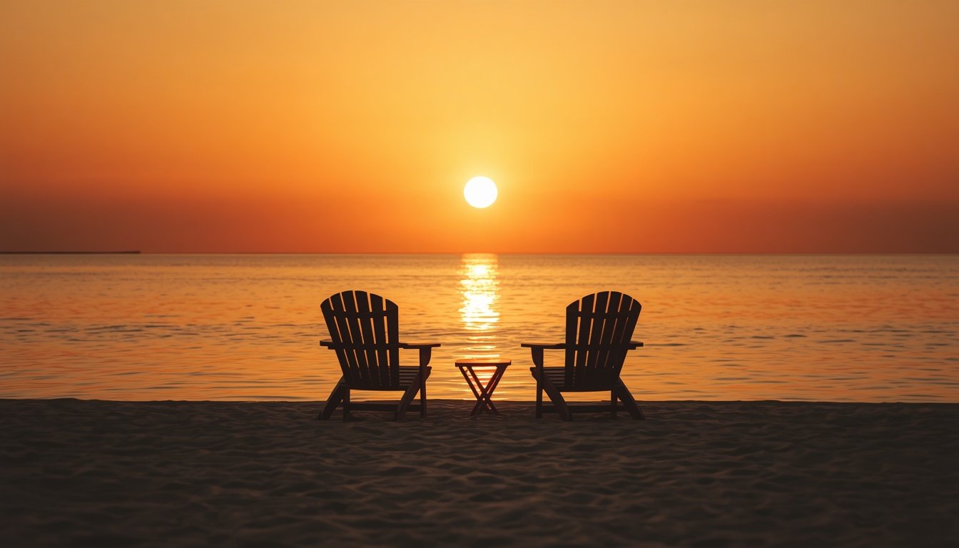 Two chairs on beach at sunset representing peaceful retirement planning goals