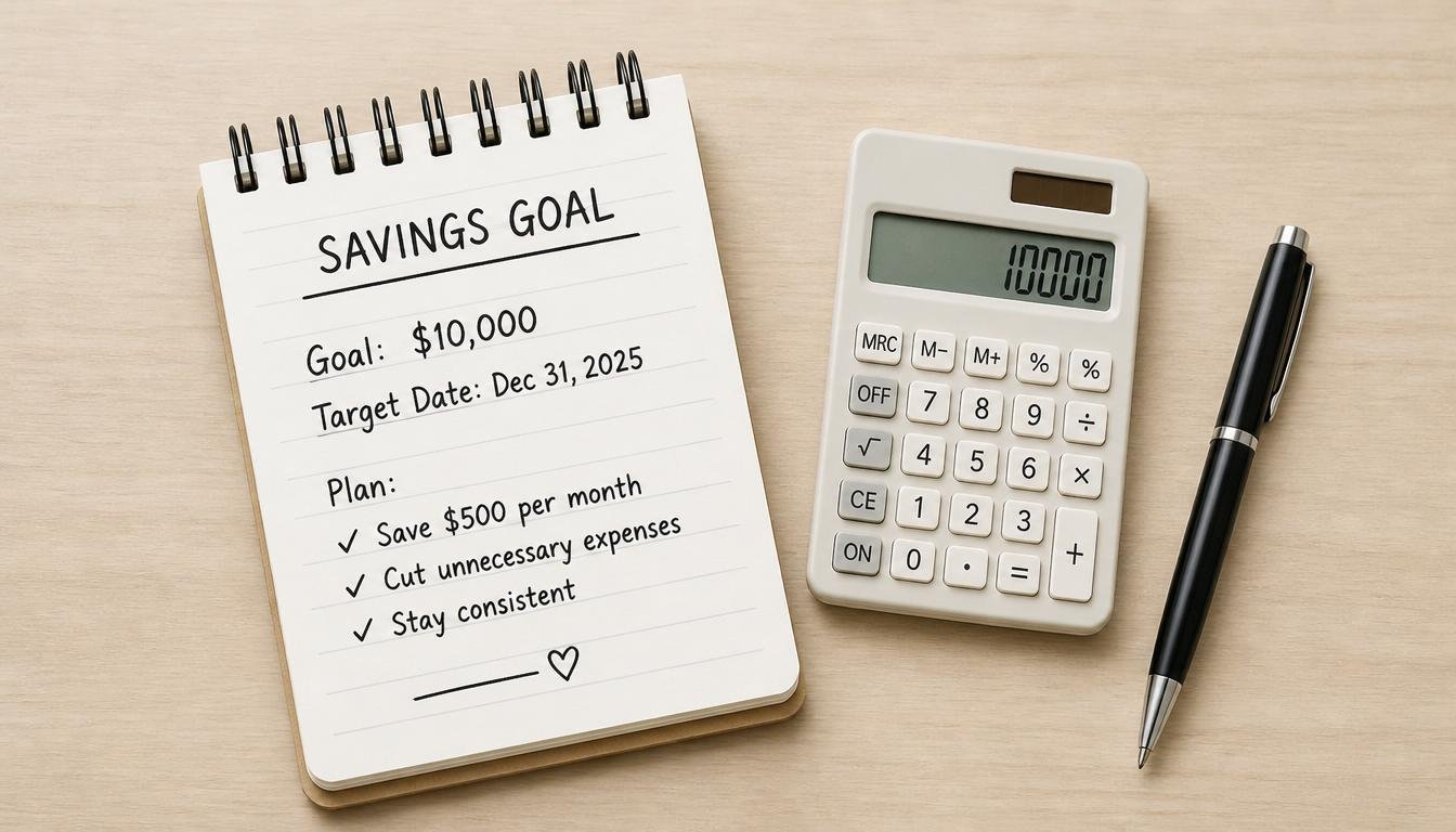 Savings goal notebook with calculator showing retirement planning strategy