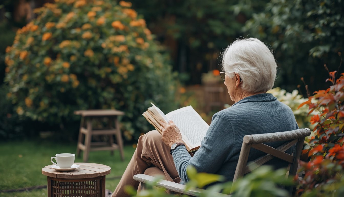 Senior person relaxing in garden representing a secure and peaceful retirement