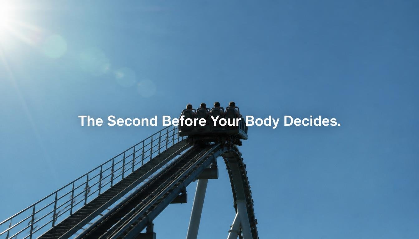 A roller coaster car pauses at the top of its climb just before the drop.