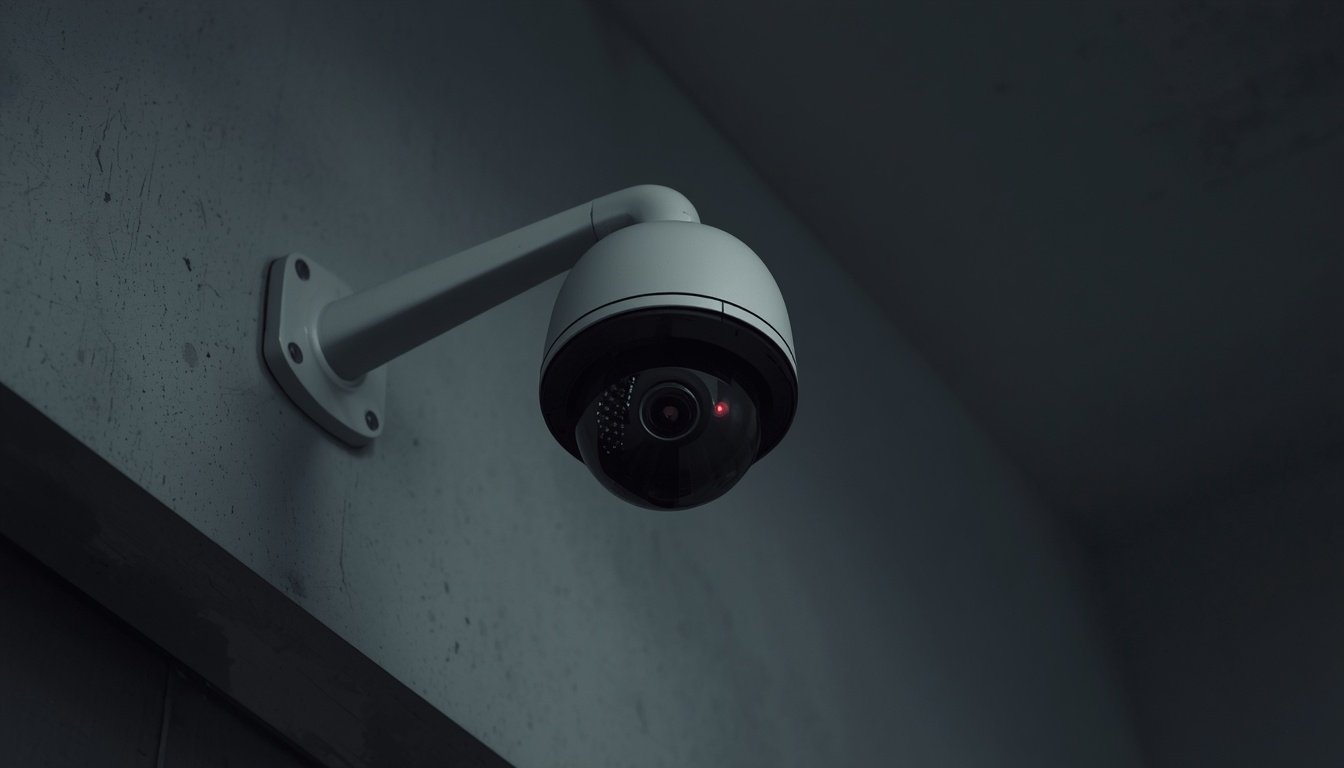 A security camera hangs on a wall with its red recording light switched off.