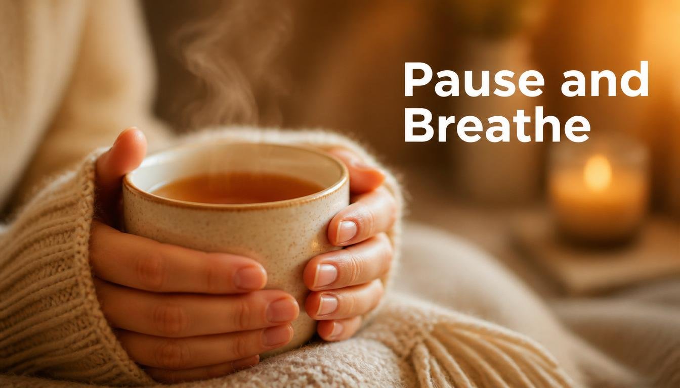 Hands holding warm tea with candle showing a calming self care routine