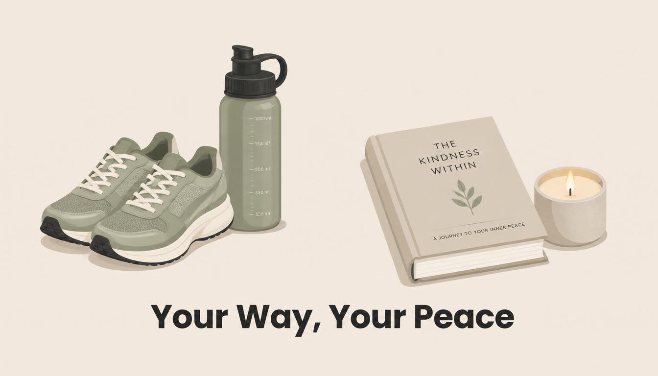 Sneakers book and candle illustrating personal self care routines