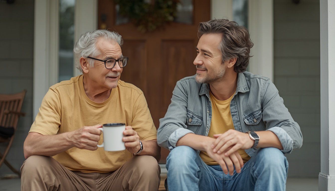 Adult siblings talk on a porch step, one holding a mug of coffee.
