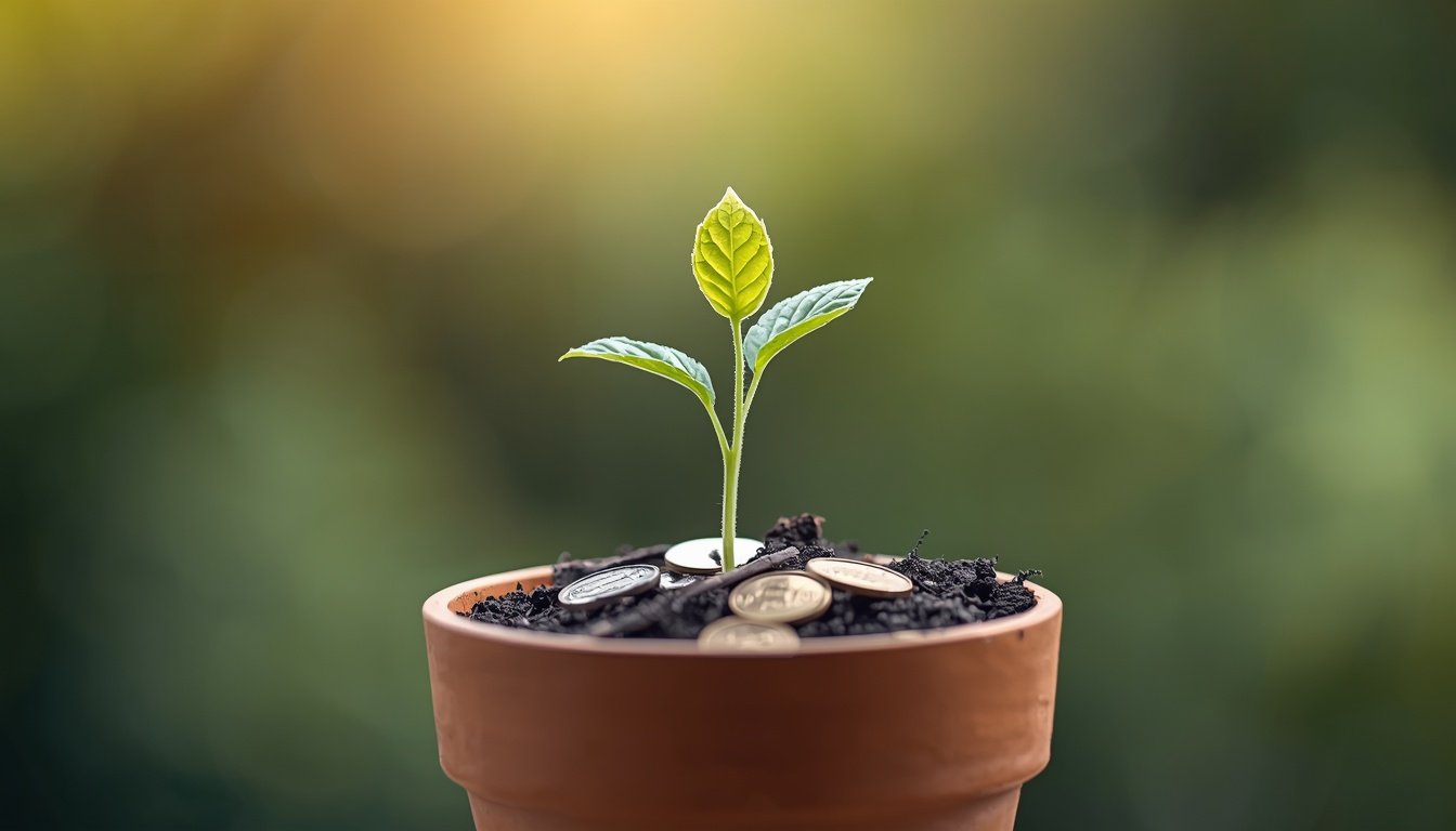 Plant growing from coins in pot representing financial growth from side hustles