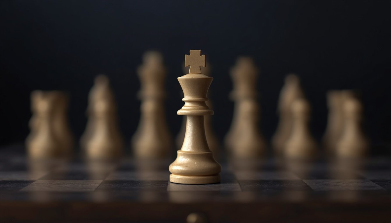 A single chess piece stands alone on a board with the rest slightly blurred.