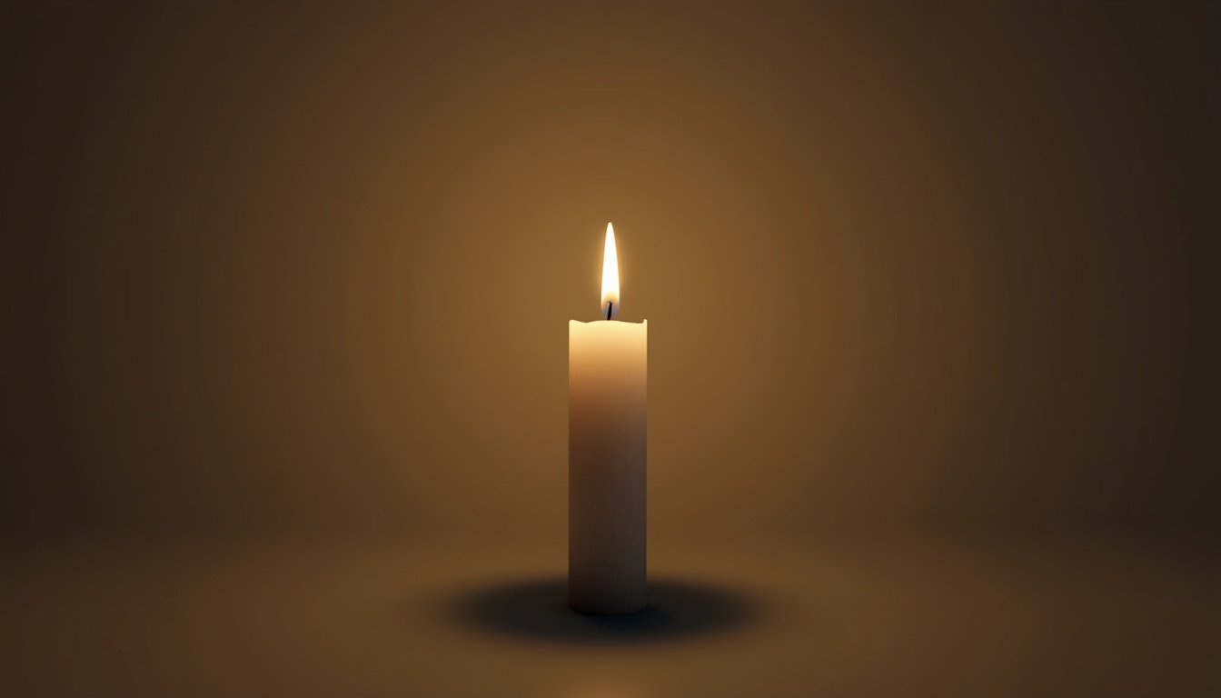 A single candle flame burns steady and undisturbed in a completely still room.