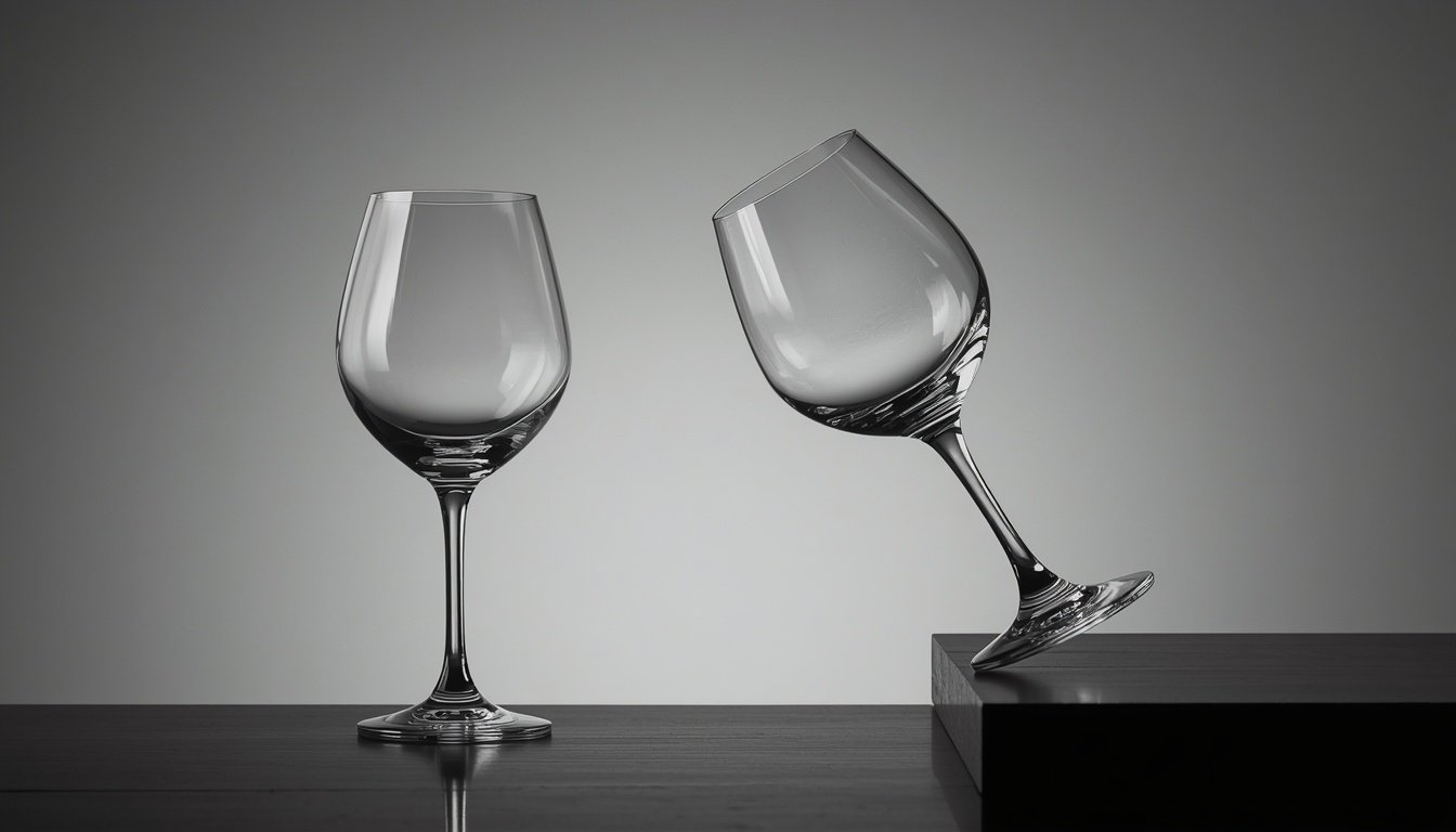 One glass sits steady on a table while an identical glass teeters near the edge.