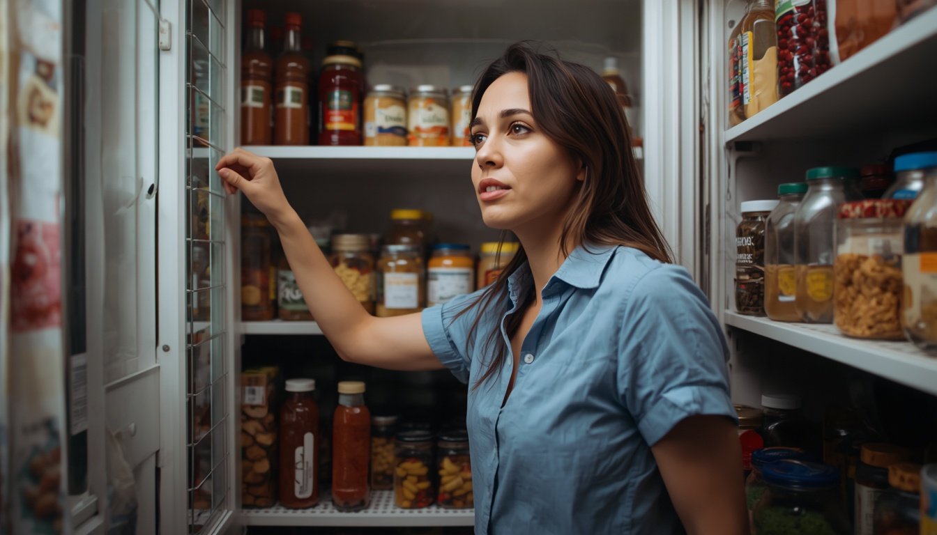 A person stands in a well stocked pantry looking quietly uneasy.