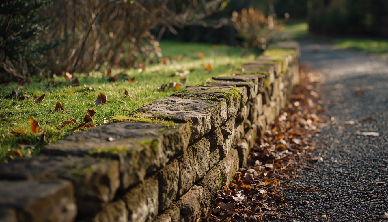A low stone wall borders a quiet garden path in soft morning light.