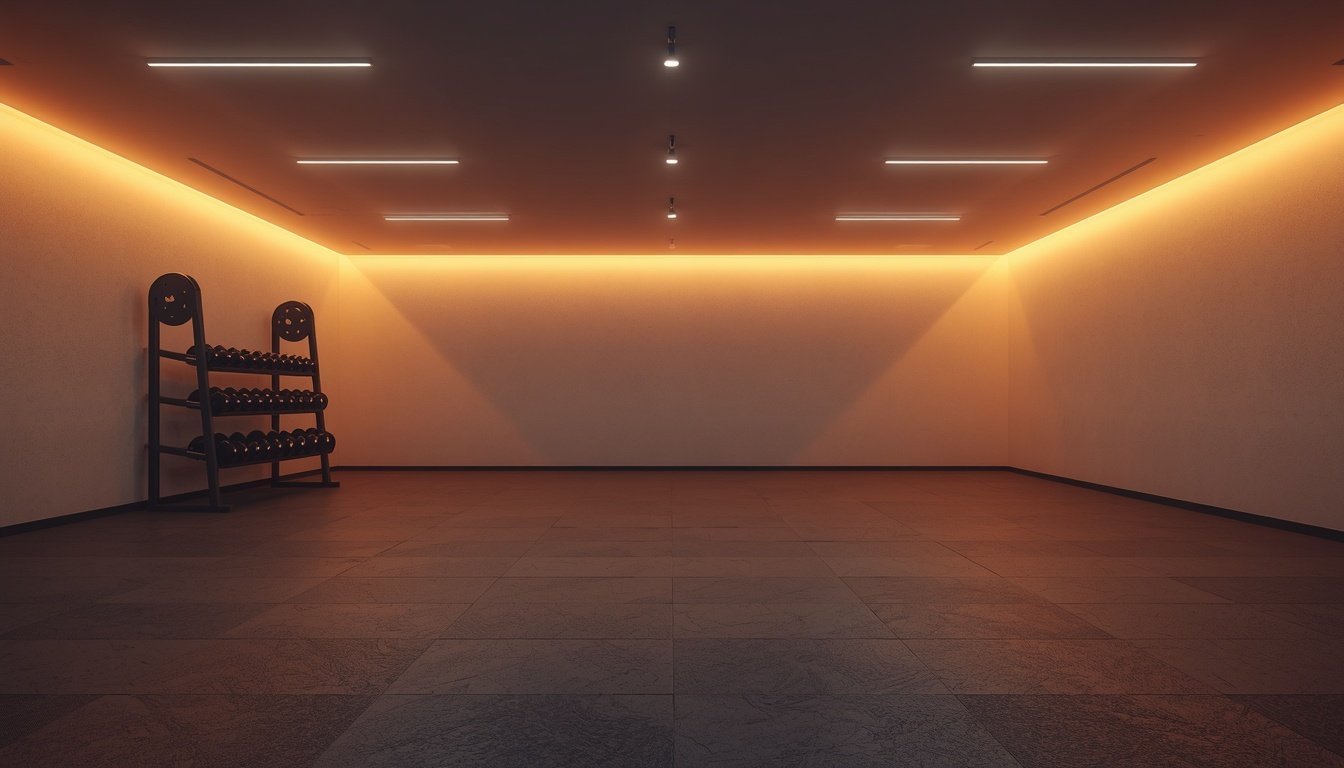 Minimalist gym space with dumbbells set up for strength training