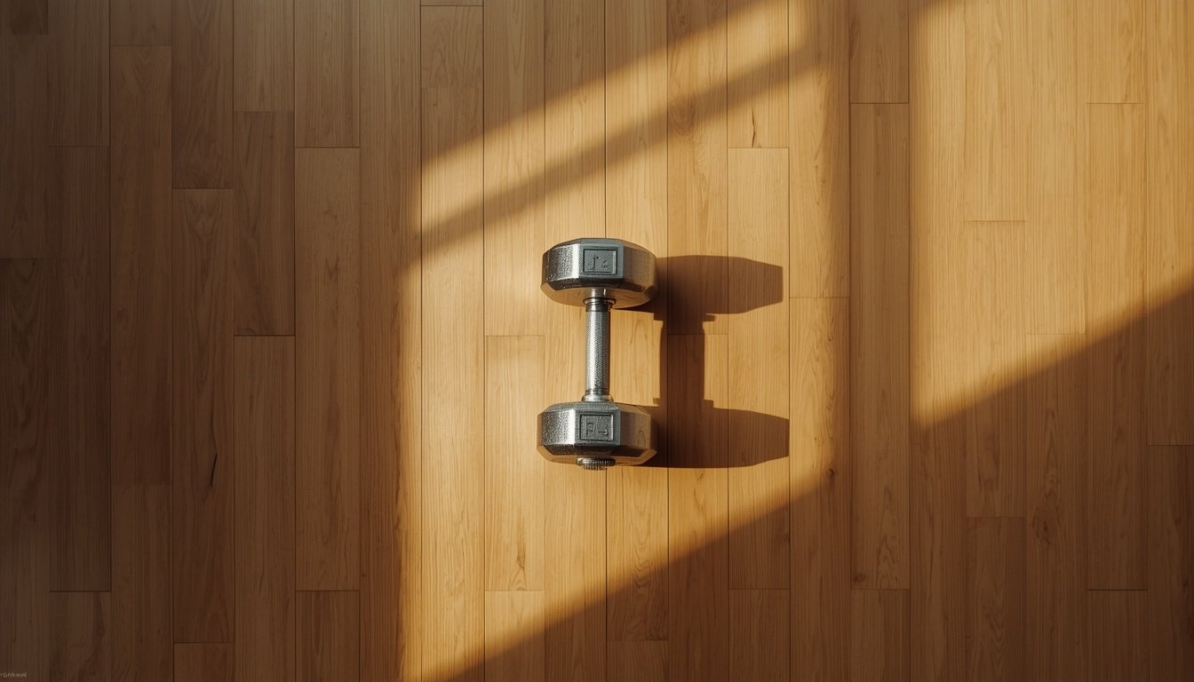 Single dumbbell on sunlit floor representing accessible strength training