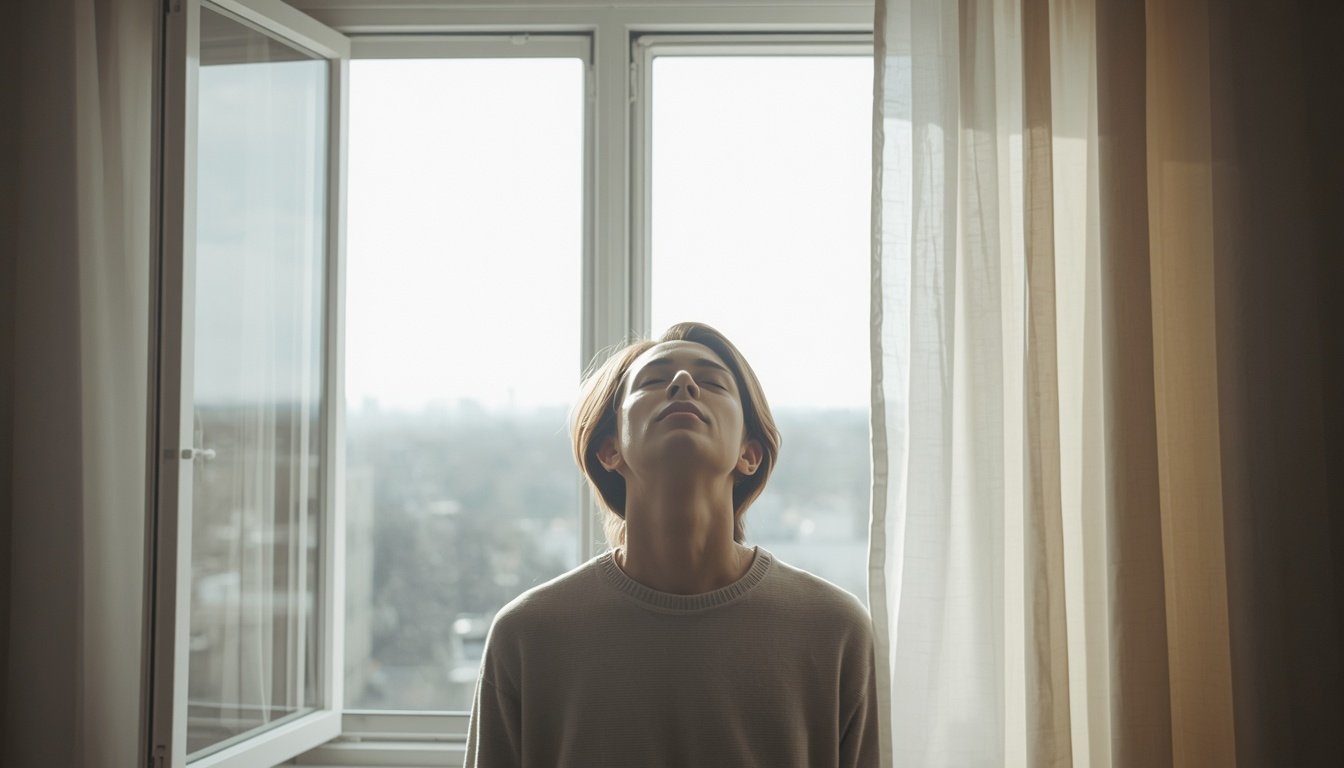 Person breathing by open window for natural stress relief