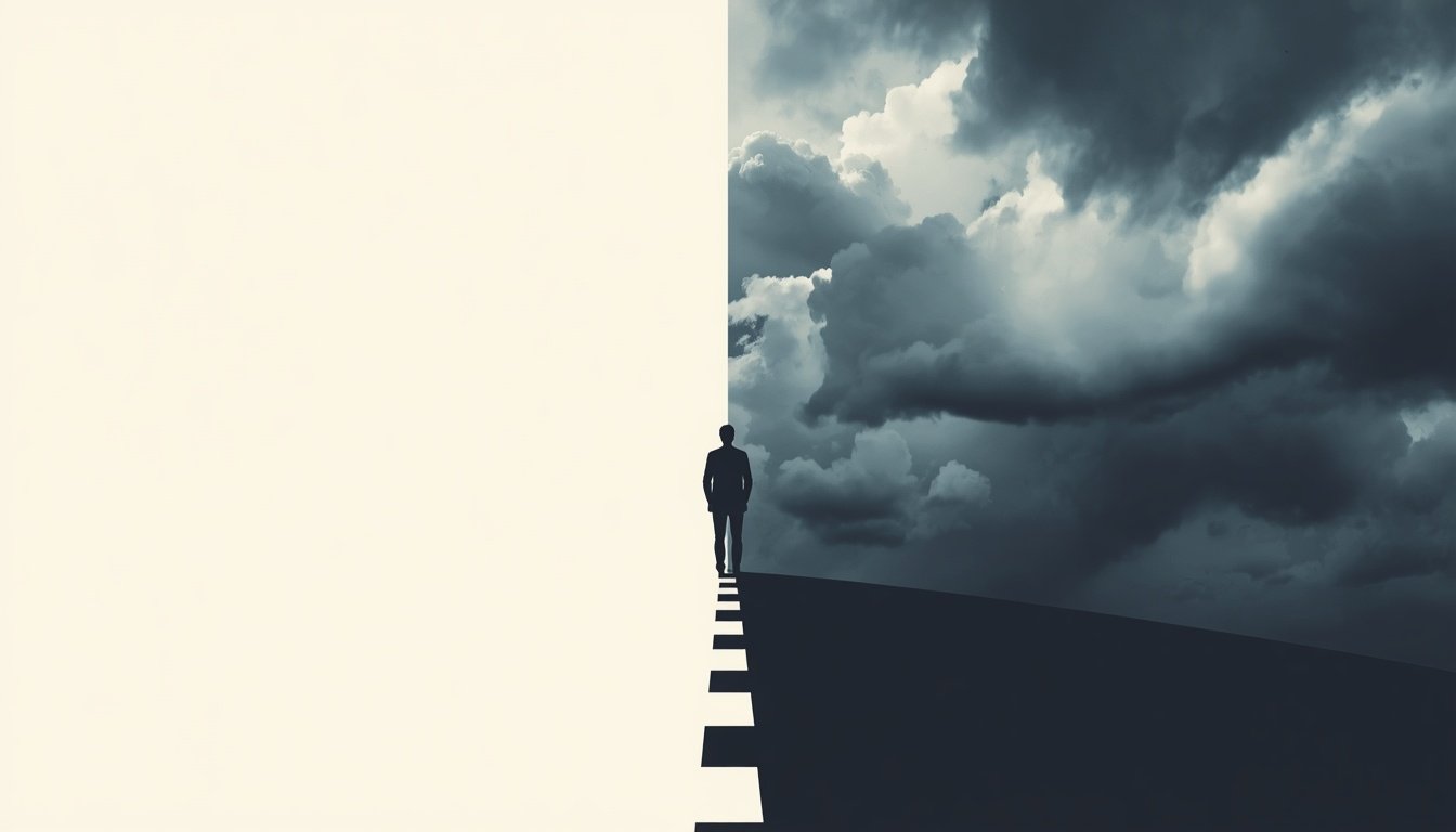 Person walking toward storm representing financial uncertainty