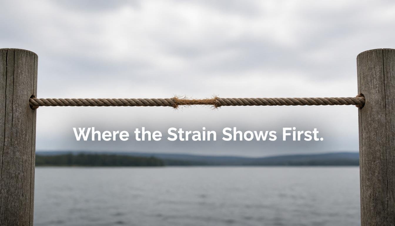 A rope pulled taut between two wooden posts shows visible strain and fraying.