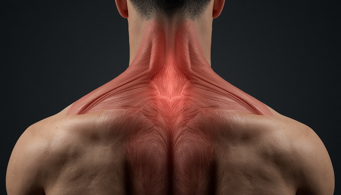 A tense shoulder and neck show visible strain from a prolonged, held posture.