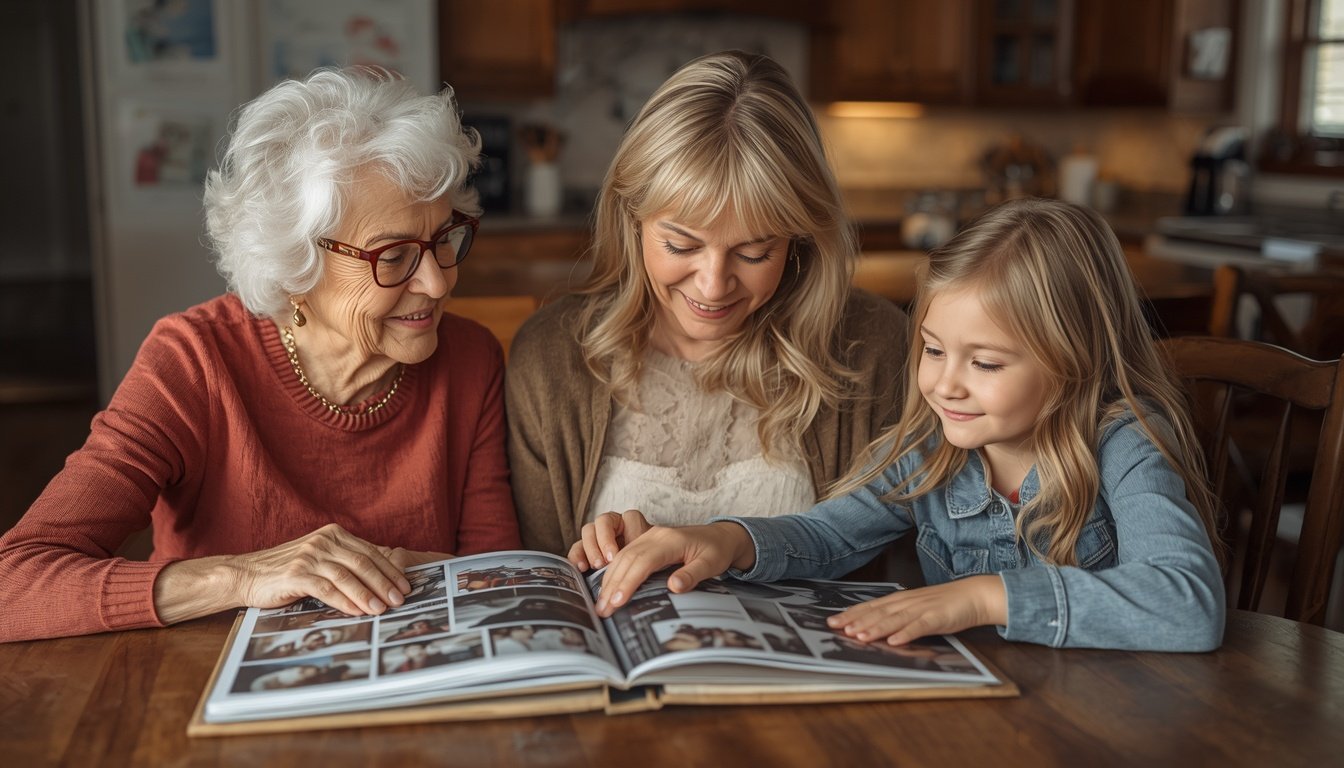 Three generations look through a photo album, reflecting shared family money patterns.