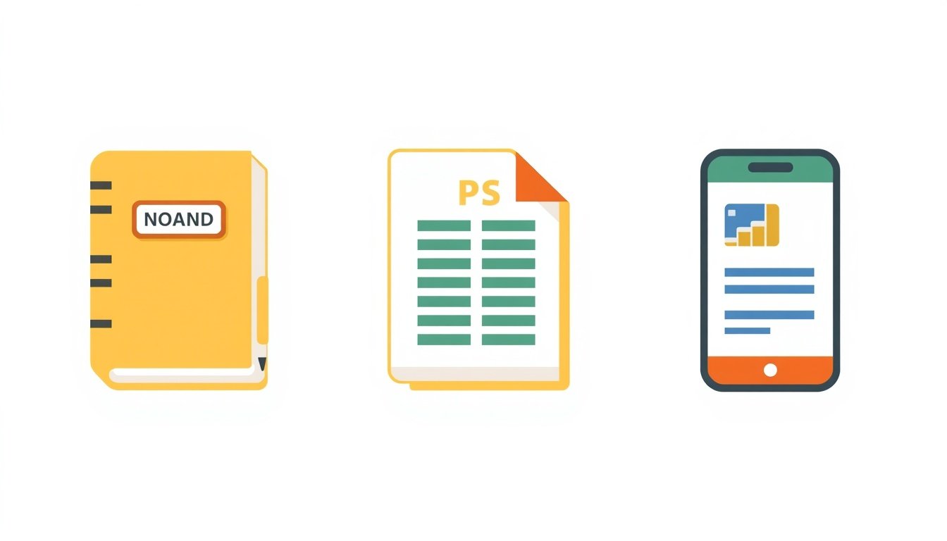 Icons of notebook spreadsheet and app used to track expenses