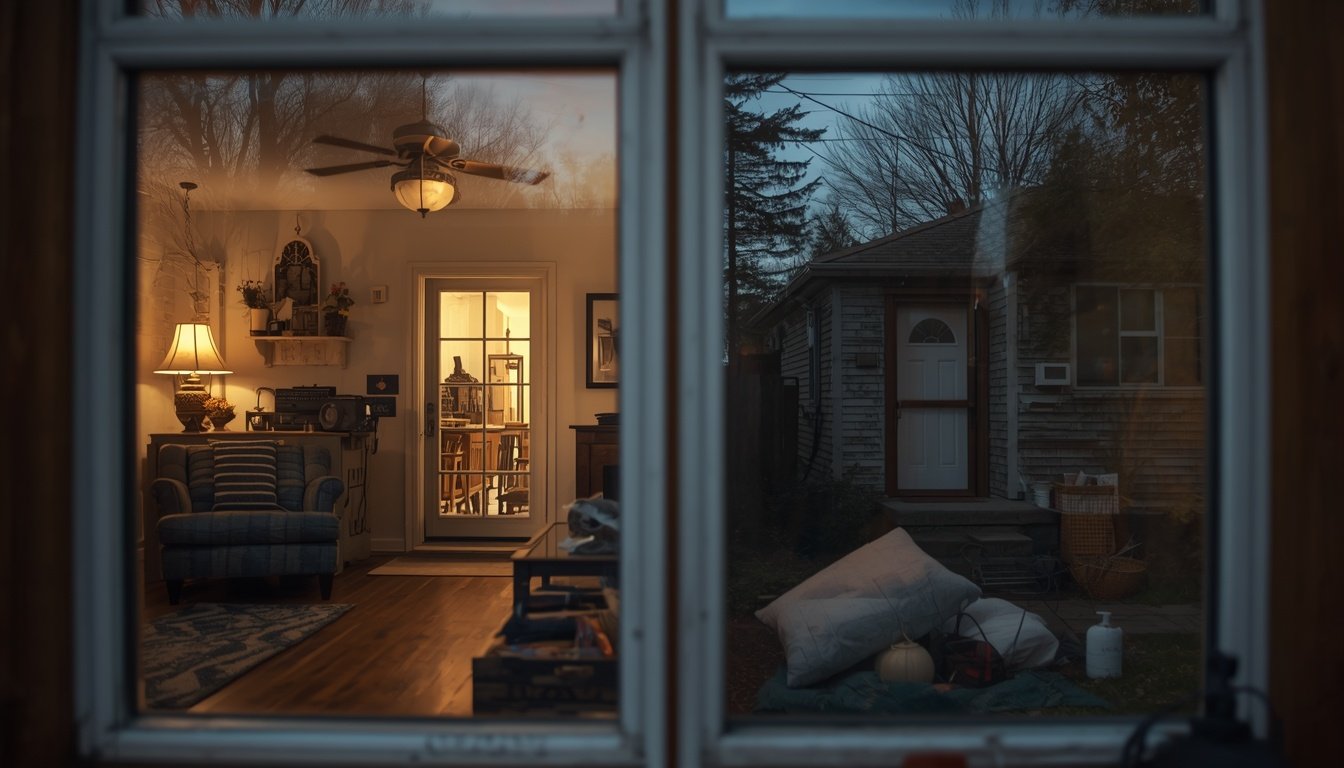 Two homes appear side by side in a window reflection, one bright and one dim.