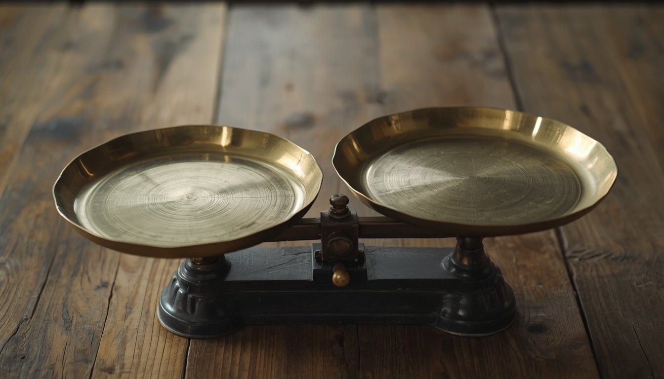 An old brass scale sits unevenly on a table, one side weighted down more than the other.