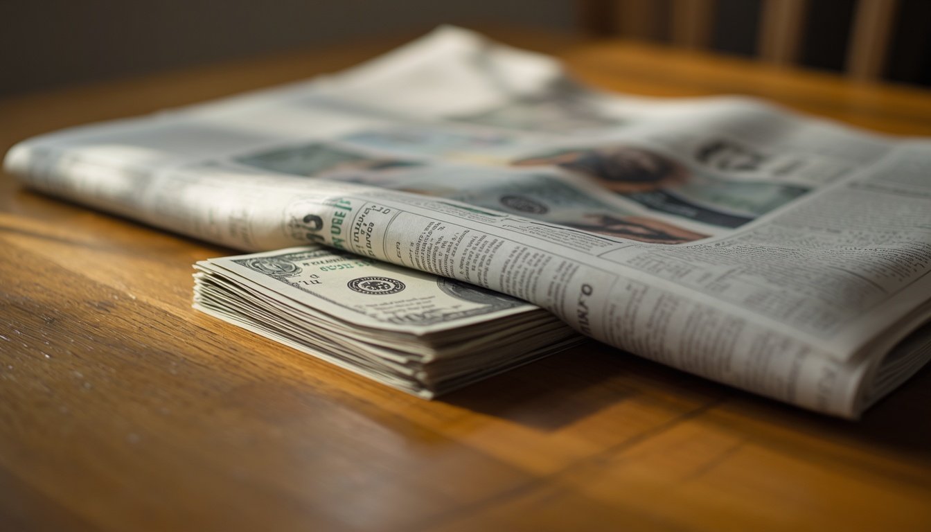 A stack of unopened bills sits partly hidden under a folded newspaper on a table.