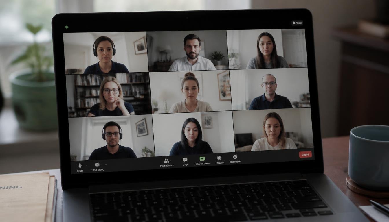 A video call is in progress on a laptop screen with several participant tiles visible.