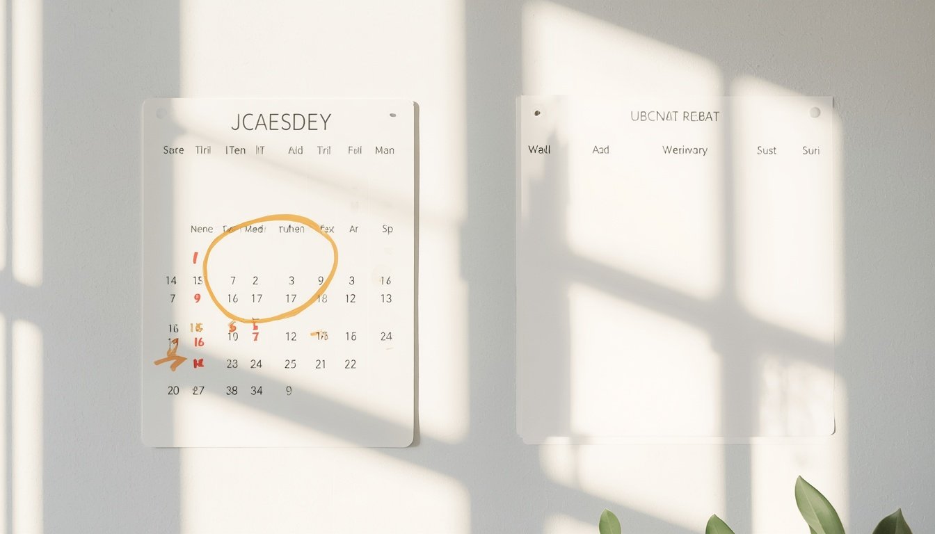 A wall calendar shows the first week circled while the last week remains blank.