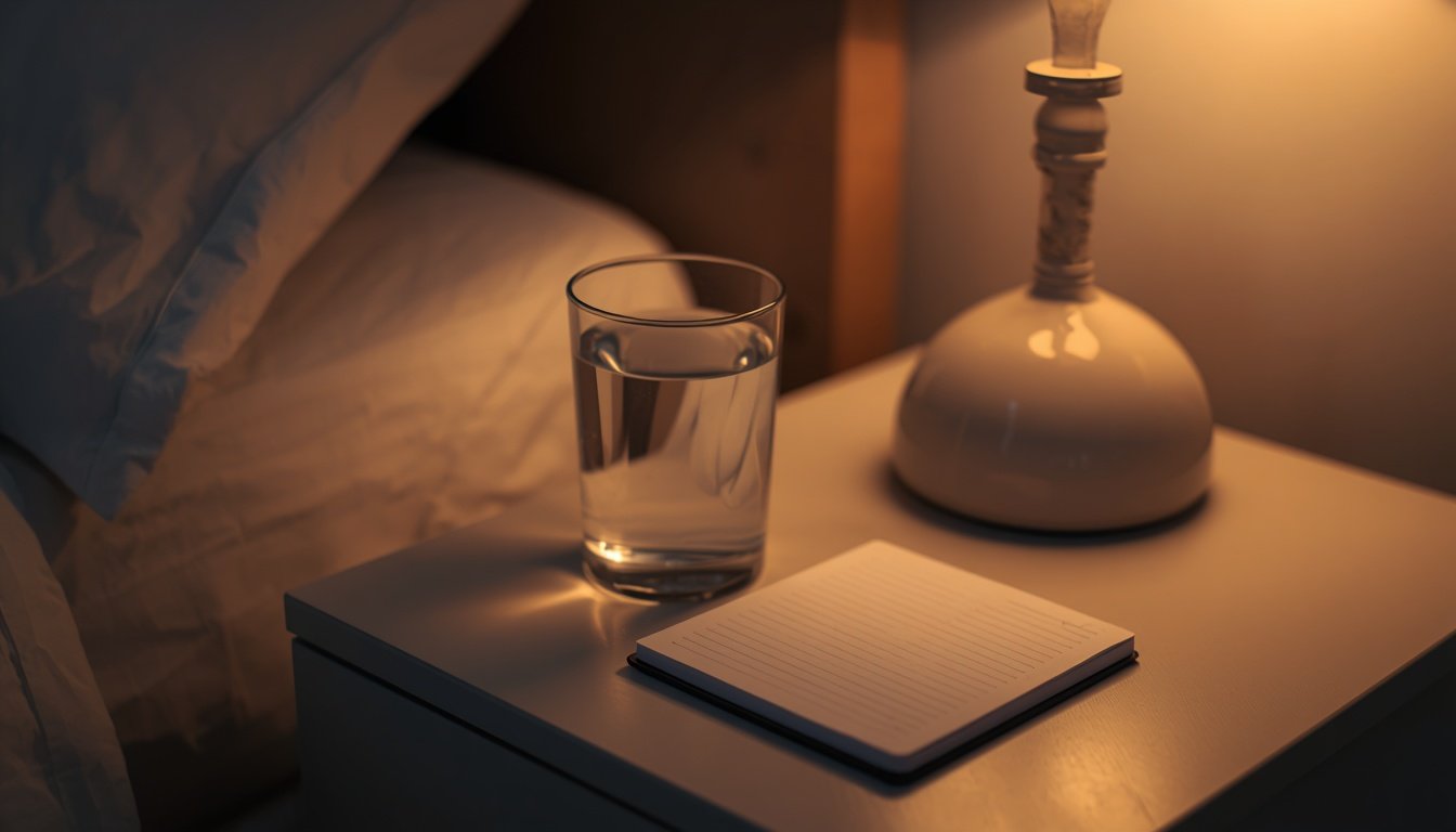 A glass of water and a small notepad rest on a nightstand in soft evening light.