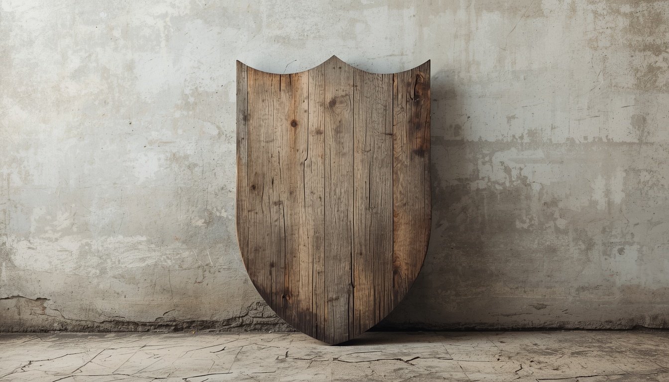 A weathered wooden shield shape leans against a wall with visible cracks.