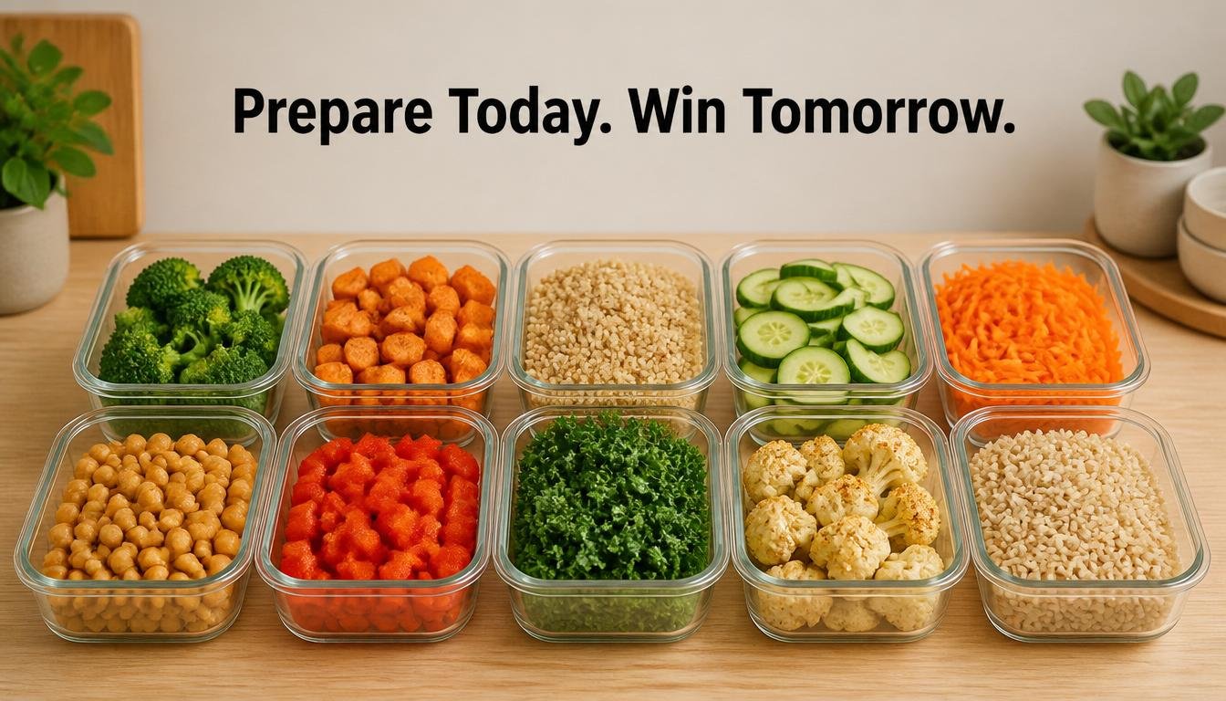 Meal prep containers with vegetables showing a practical weight loss tip