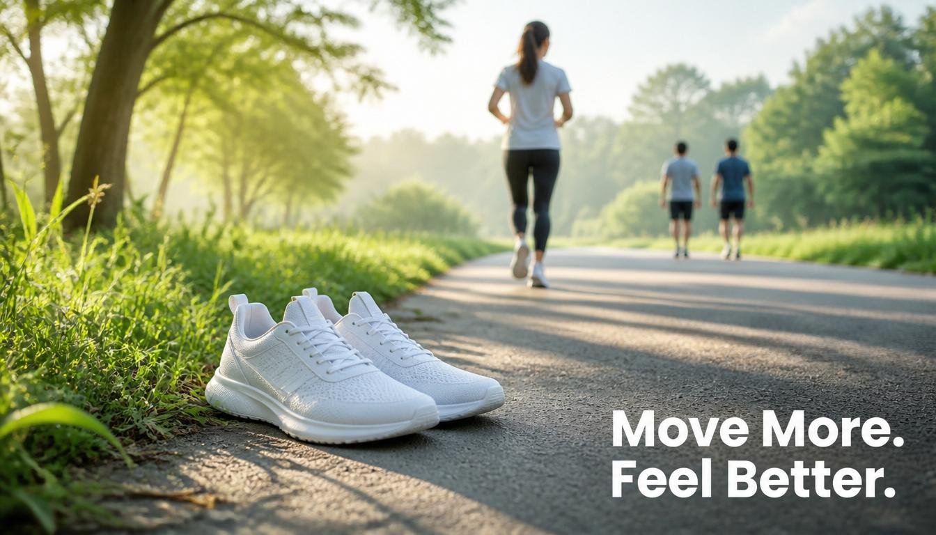 Sneakers on park path encouraging movement as a weight loss tip