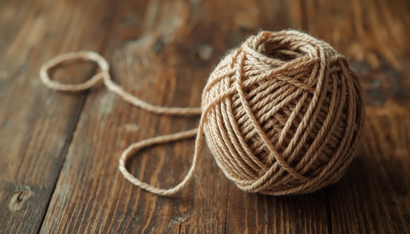 A tightly wound ball of yarn sits on a table with one loose thread pulled free.